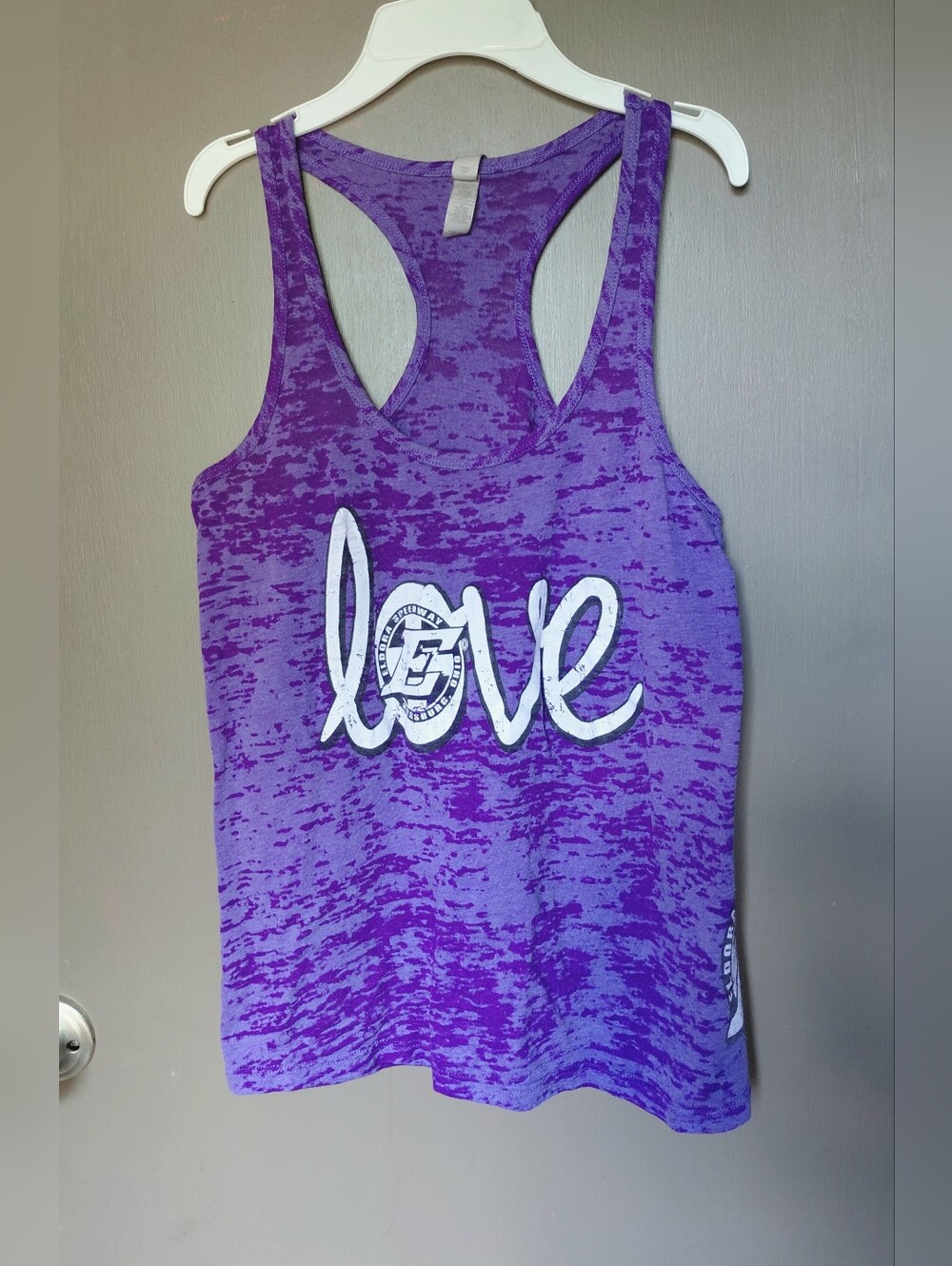 Lightweight Purple Eldora Speedway logo semi-sheer burnout tank